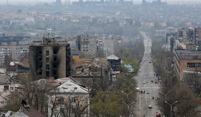 A view shows damaged buildings in Mariupol